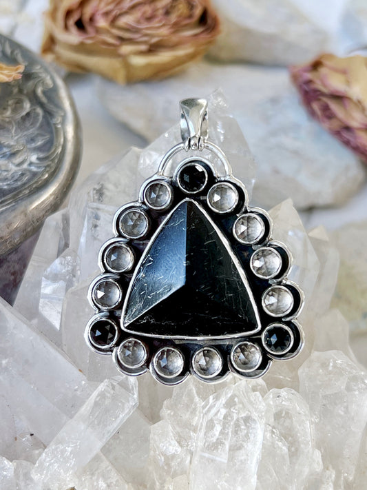‘Hlin’ Black Tourmaline, Black Spinel & Clear Quartz Protection Amulet Pendent 925