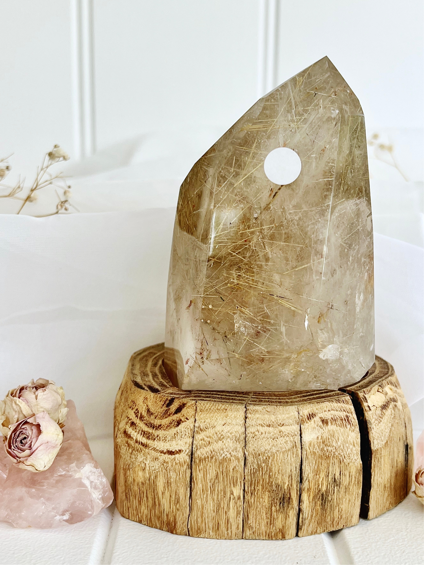 Gold Rutile Quartz Point with Moving Enhydro Bubble & Stand 219