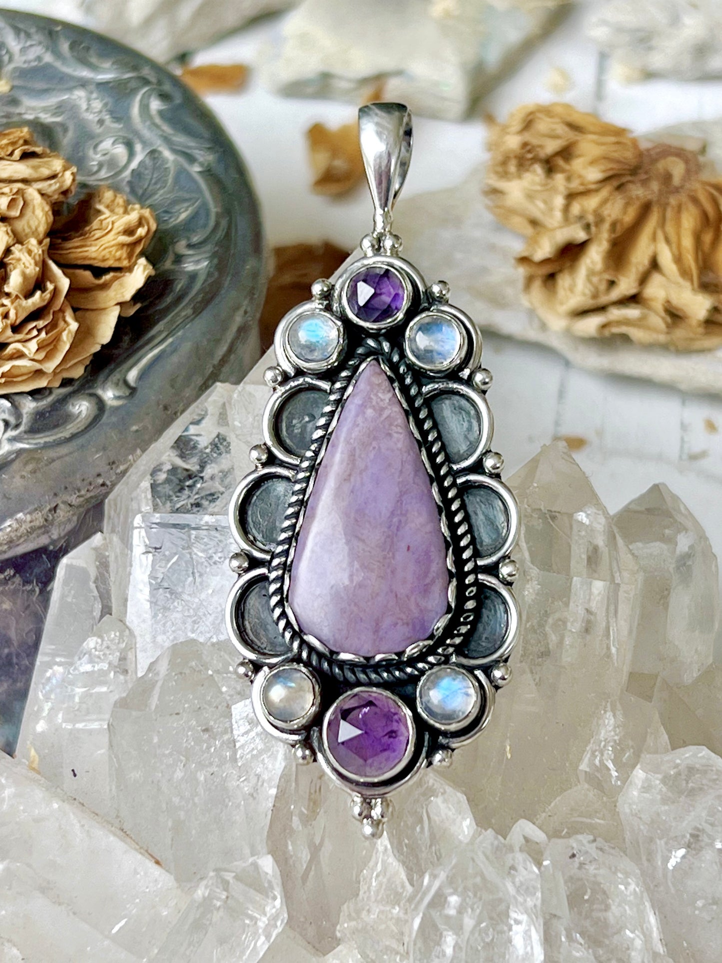 ‘Elysian Dreams’ Lavender Jade, Amethyst & Moonstone Talisman Pendent 925