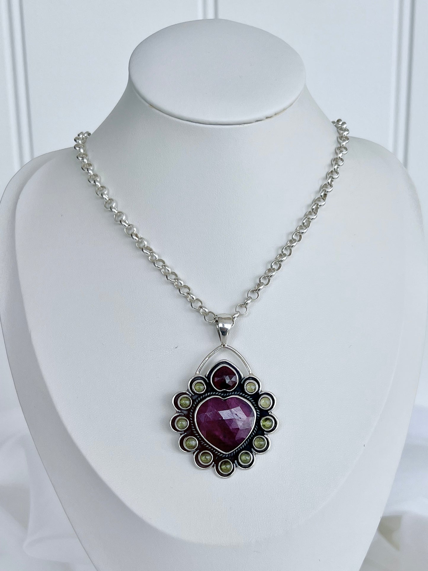 ‘Desiree’ Faceted Ruby, Rhodolite Garnet & Peridot Heart Talisman Pendent RGP1 925