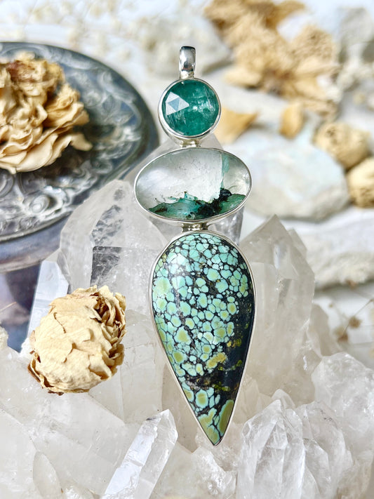 ‘Tallulah’ Turquoise, Quantum Quattro & Emerald Green Kyanite Pendent 925 TP8