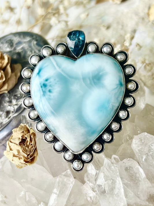 ‘Amphitrite’ Larimar Heart Of The Ocean with Ocean Kyanite & Pearls Pendent LHP3