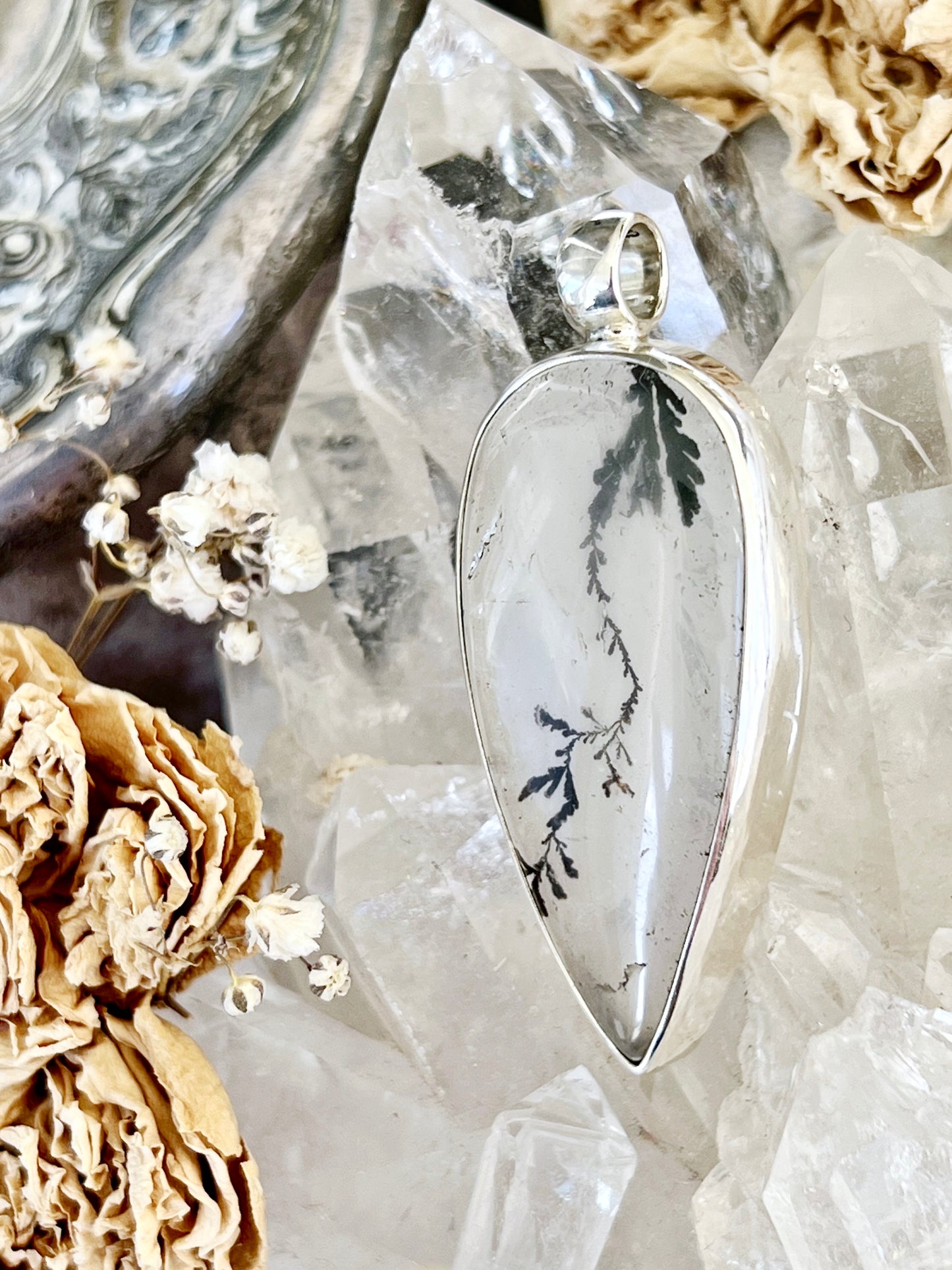 ‘Fleur’ Dendritic Girasol Quartz Teardrop Pendent 925 DGQ1