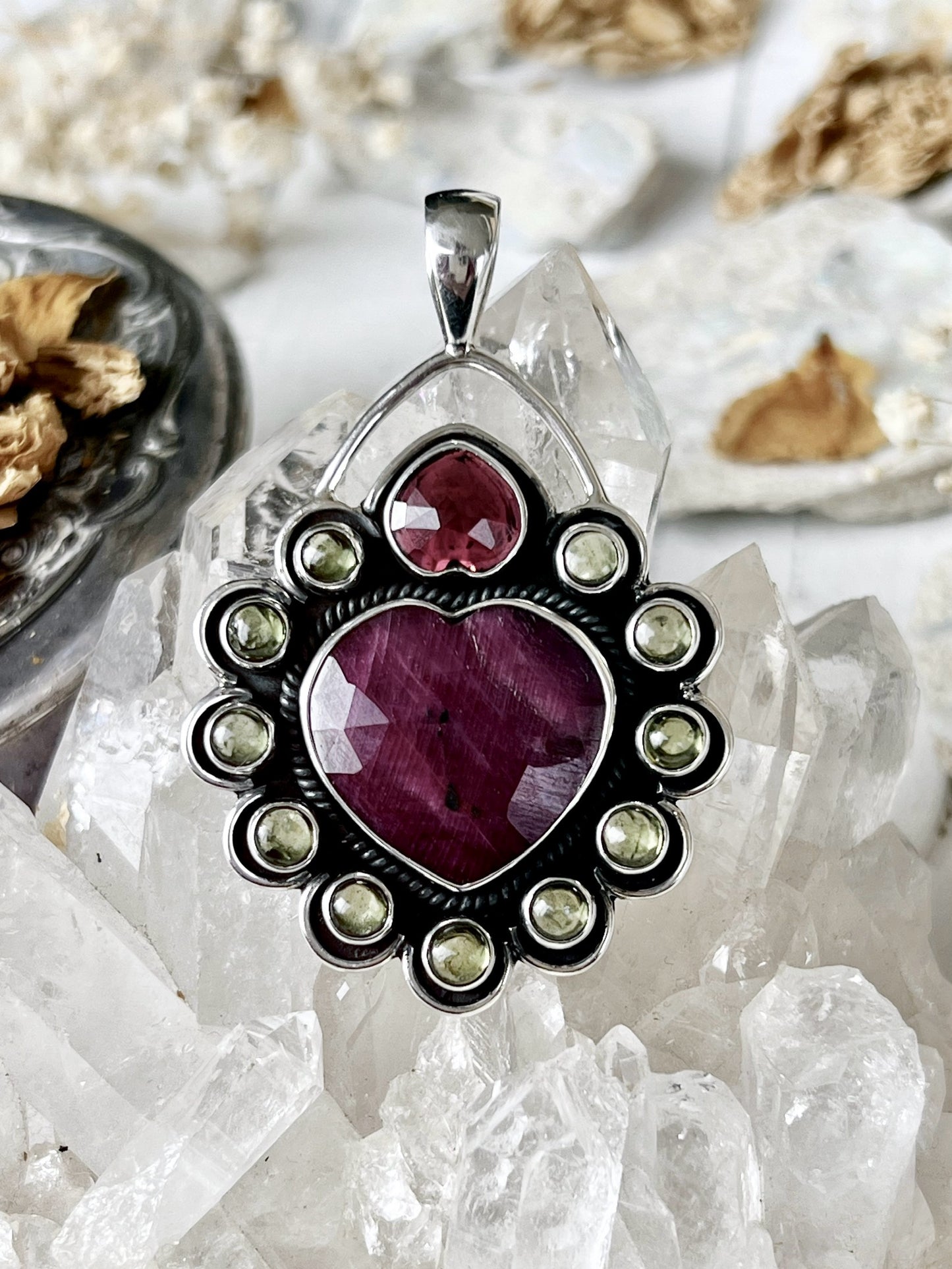 ‘Desiree’ Faceted Ruby, Rhodolite Garnet & Peridot Heart Talisman Pendent RGP1 925