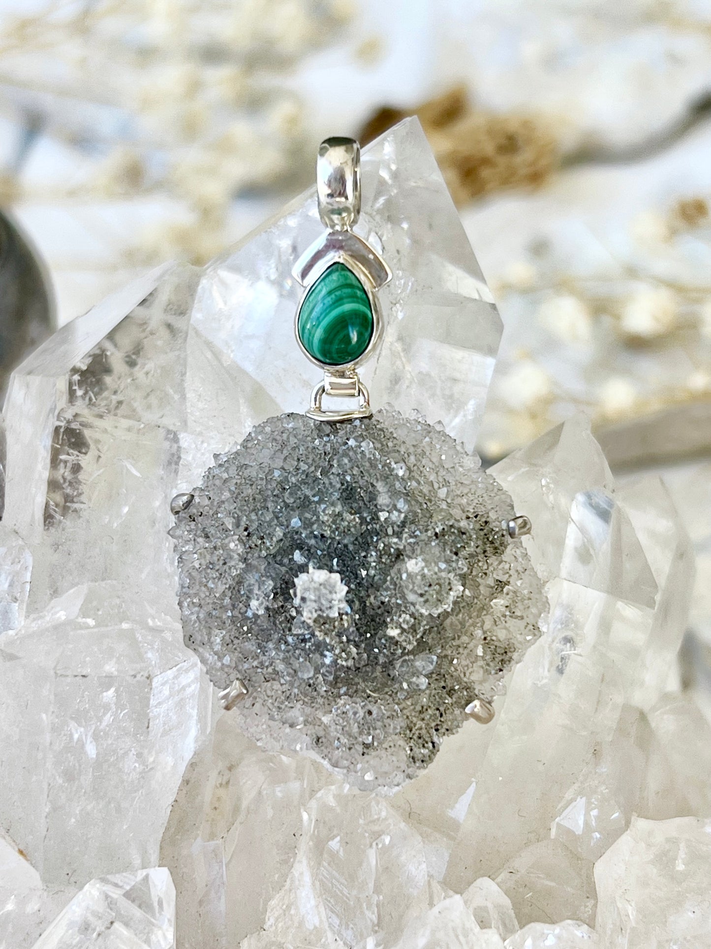 Druzy Agate & Malachite Teardrop Pendent 925 MD1