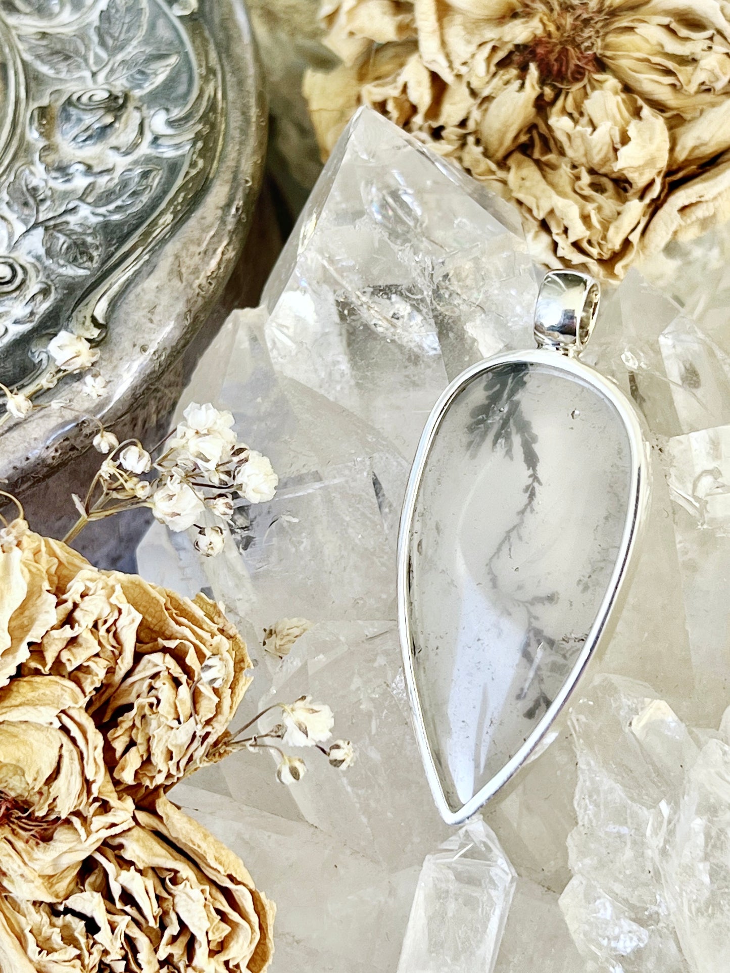 ‘Fleur’ Dendritic Girasol Quartz Teardrop Pendent 925 DGQ1