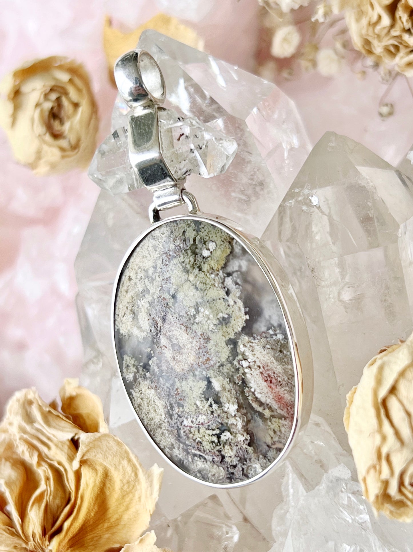 Moss Agate & Diamond Quartz Sterling Silver Pendent 1823