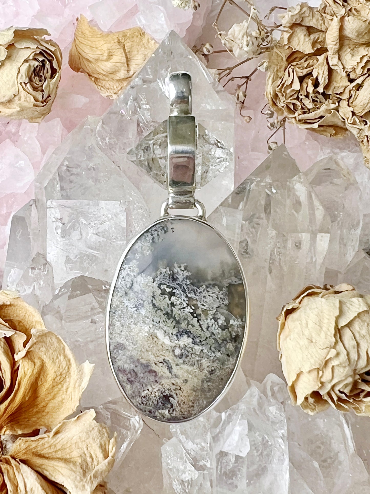 Moss Agate & Diamond Quartz Sterling Silver Pendent MAP4