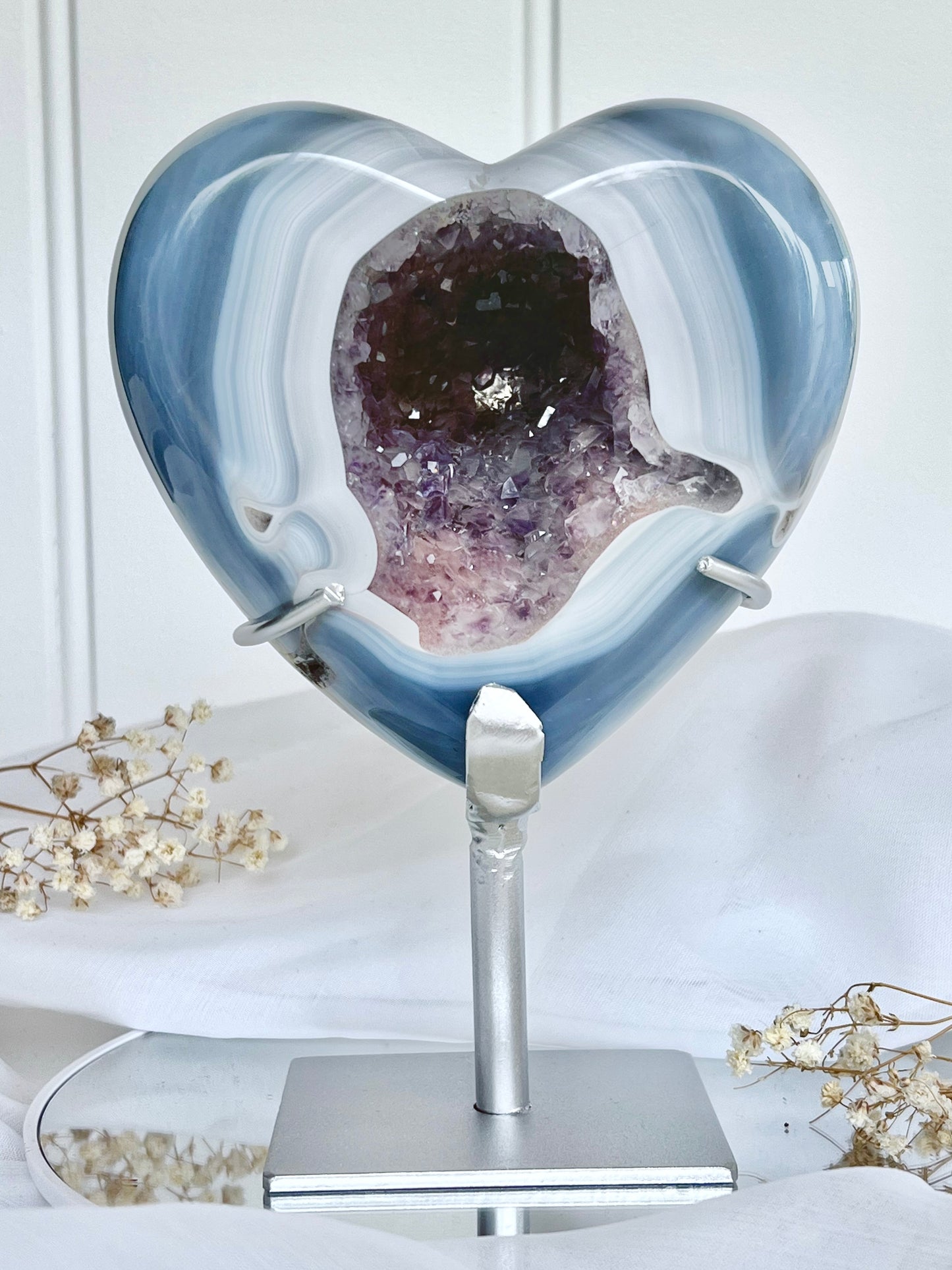 Pink & Purple Amethyst In Banded Blue Agate Heart On Stand 6070