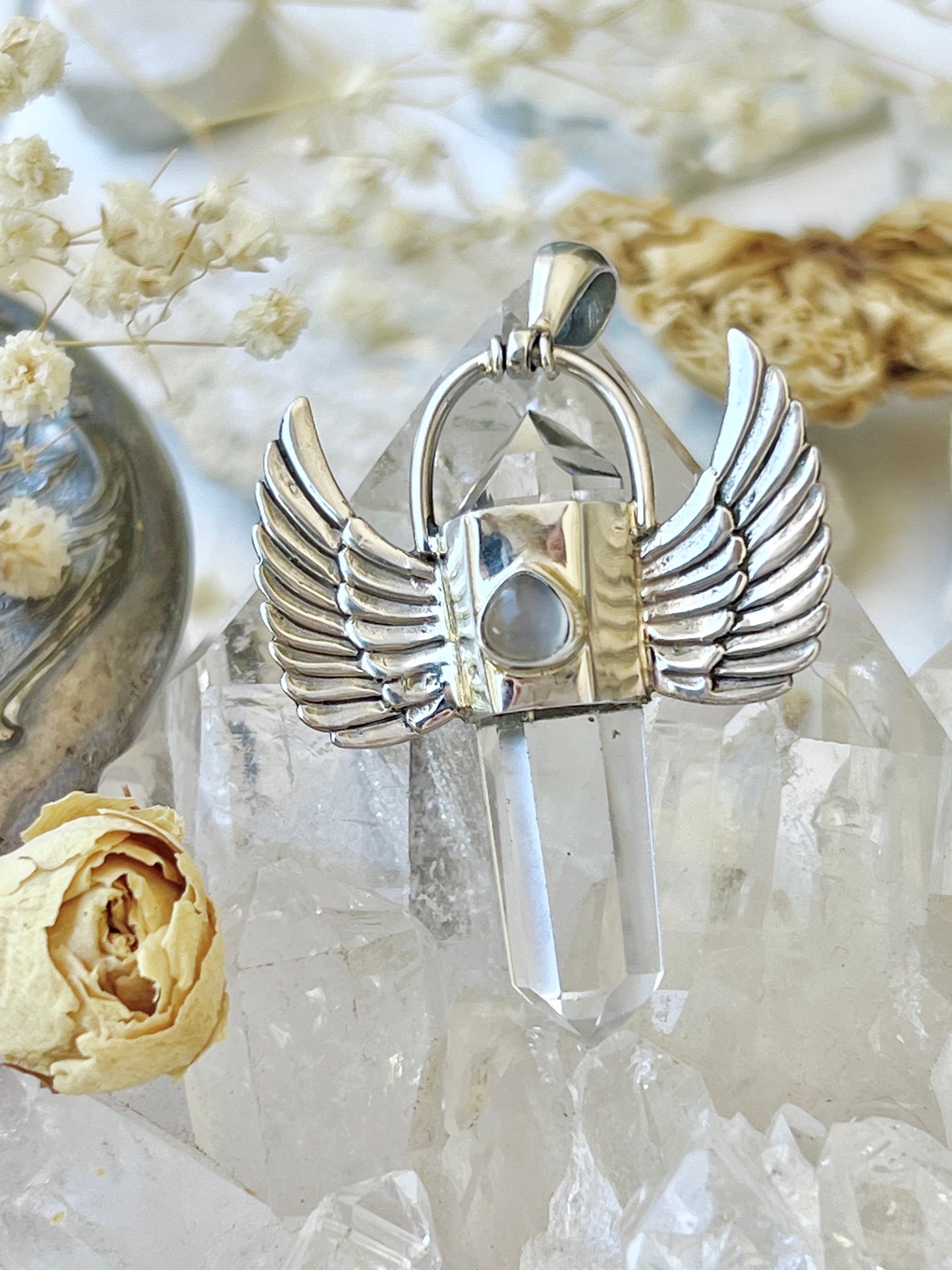 ‘Haniel’ Moonstone & Quartz Angel Wings SS Pendent 925