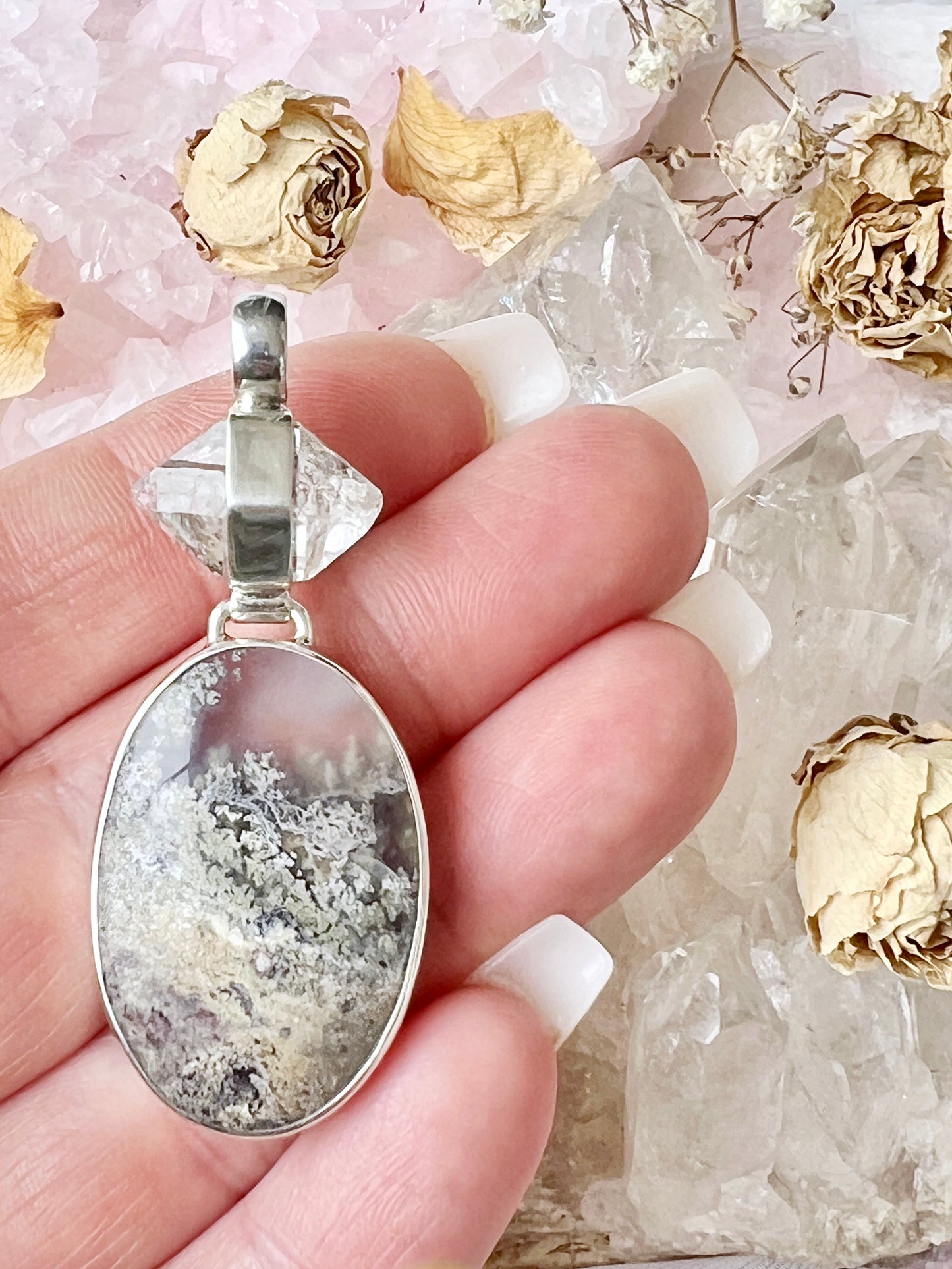 Moss Agate & Diamond Quartz Sterling Silver Pendent MAP4