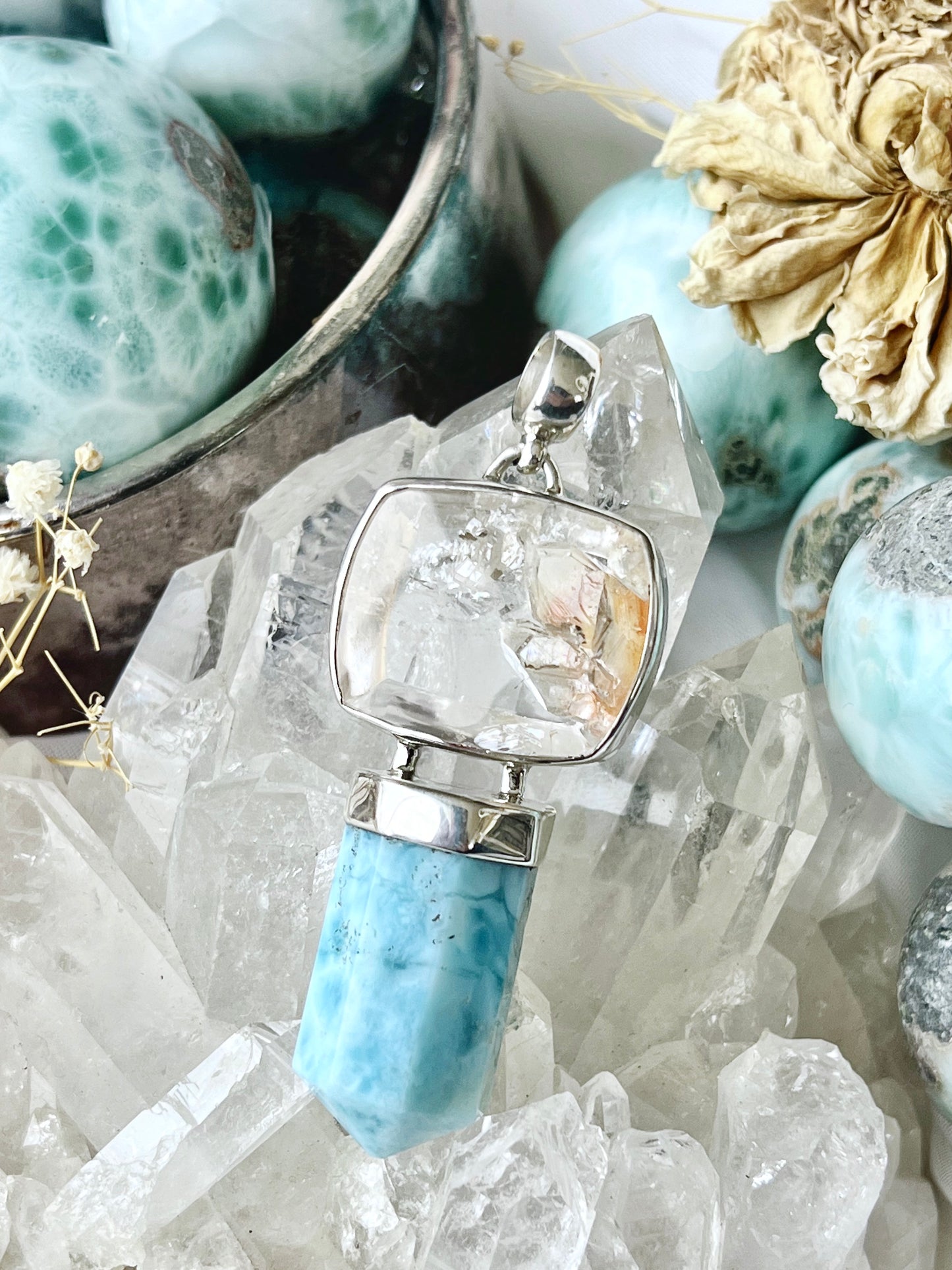 Manifestation Sunrise Hematite Manifestation Quartz & Larimar Pendulum Pendent 1674