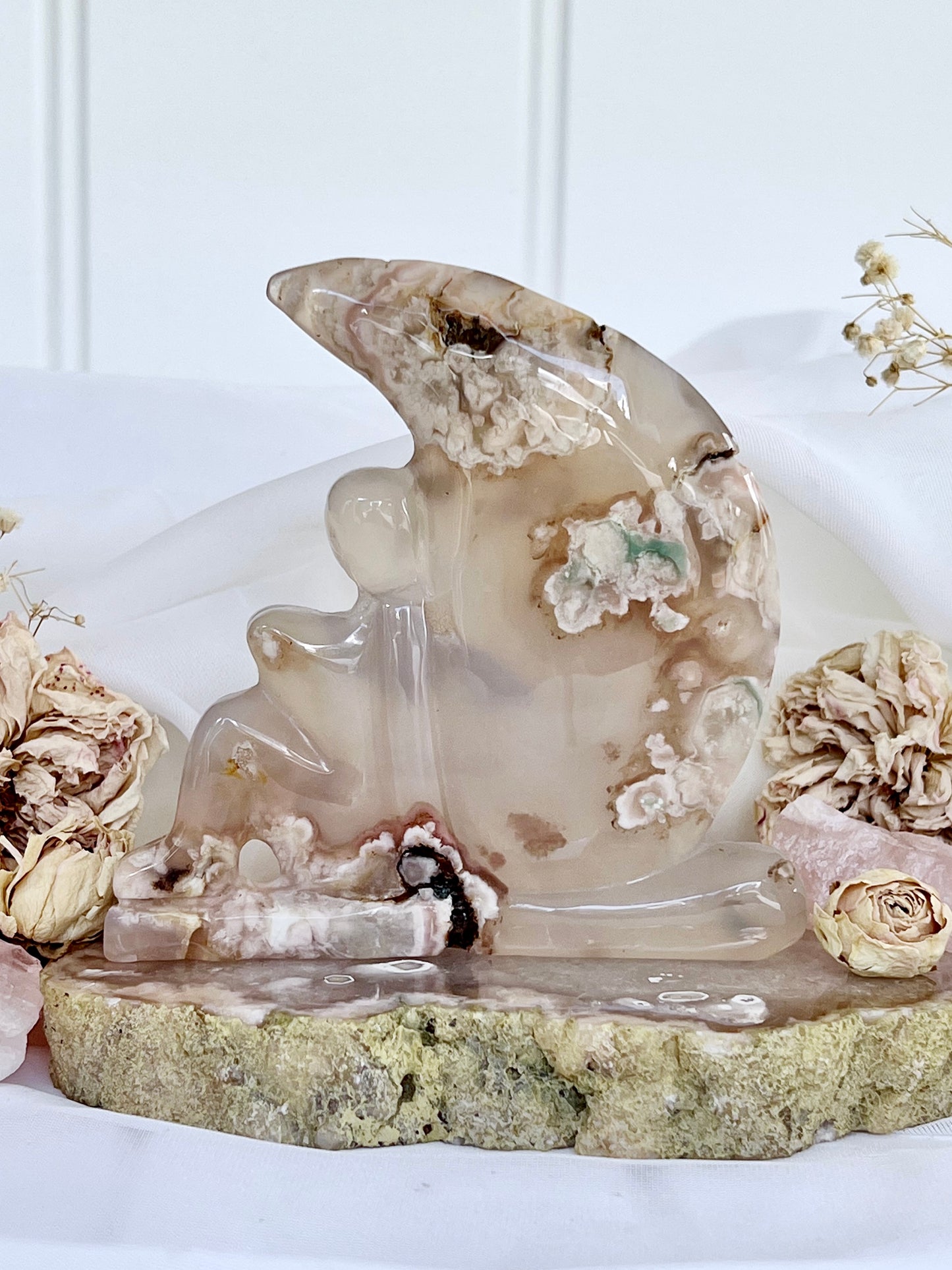 Large Flower Agate Moon Goddess with Druzy