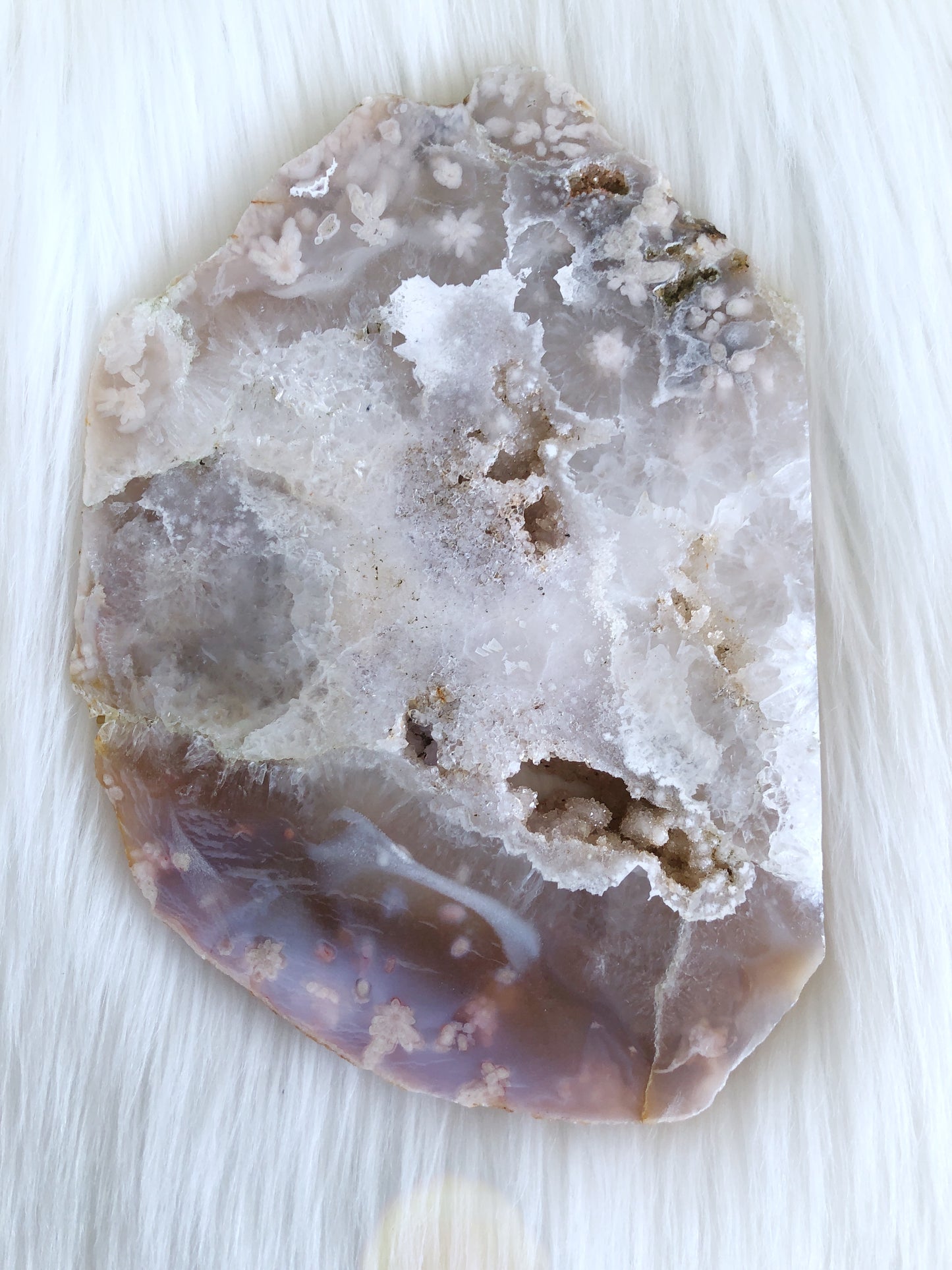 Delicate Flower Agate Geode Slab with Sparkling Pale Pink Amethyst Druzy