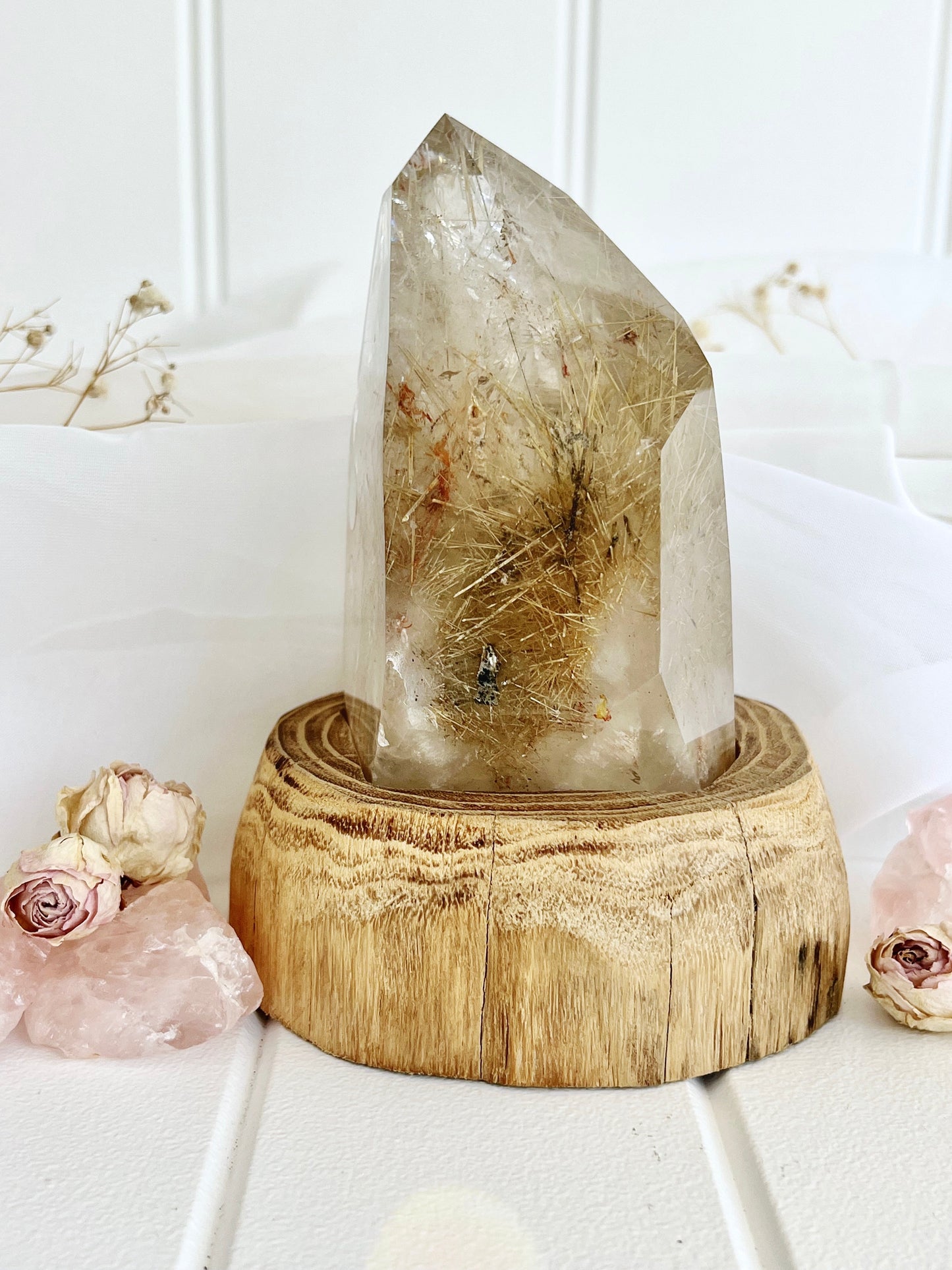 Rutile Quartz Point with Moving Enhydro Bubble & Stand 219