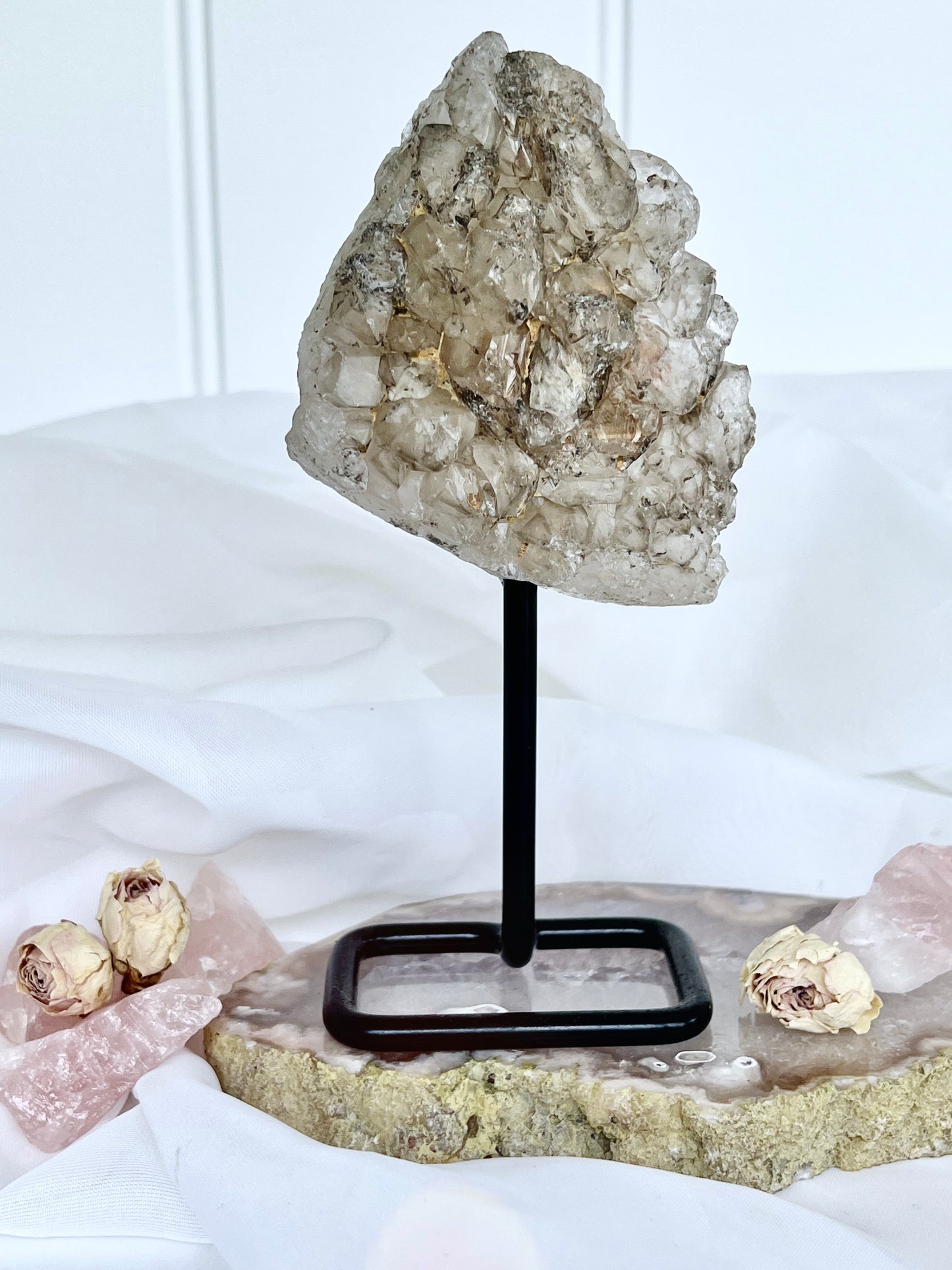 Medium Brazilian Smokey Elestial Quartz Cluster on Stand