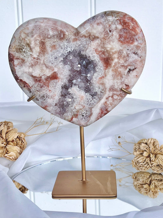 Strawberry Pink & Lilac Amethyst Druzy Heart On Stand 4873