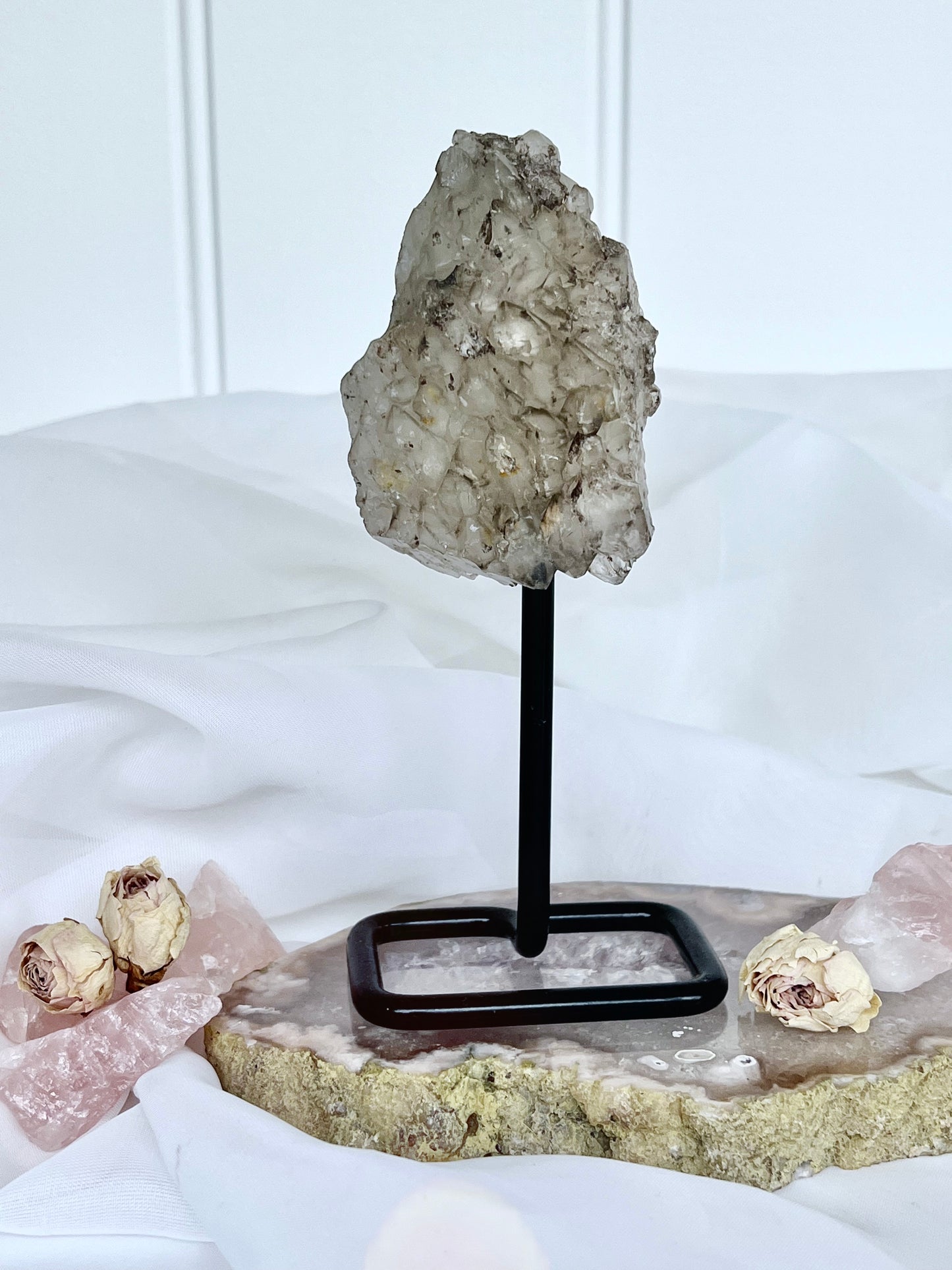 Medium Brazilian Smokey Elestial Quartz Cluster on Stand