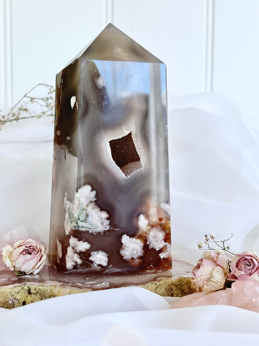 Flower Agate Tower with Druzy 4072