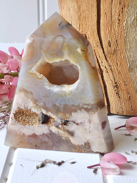 Flower Agate Tower with Druzy