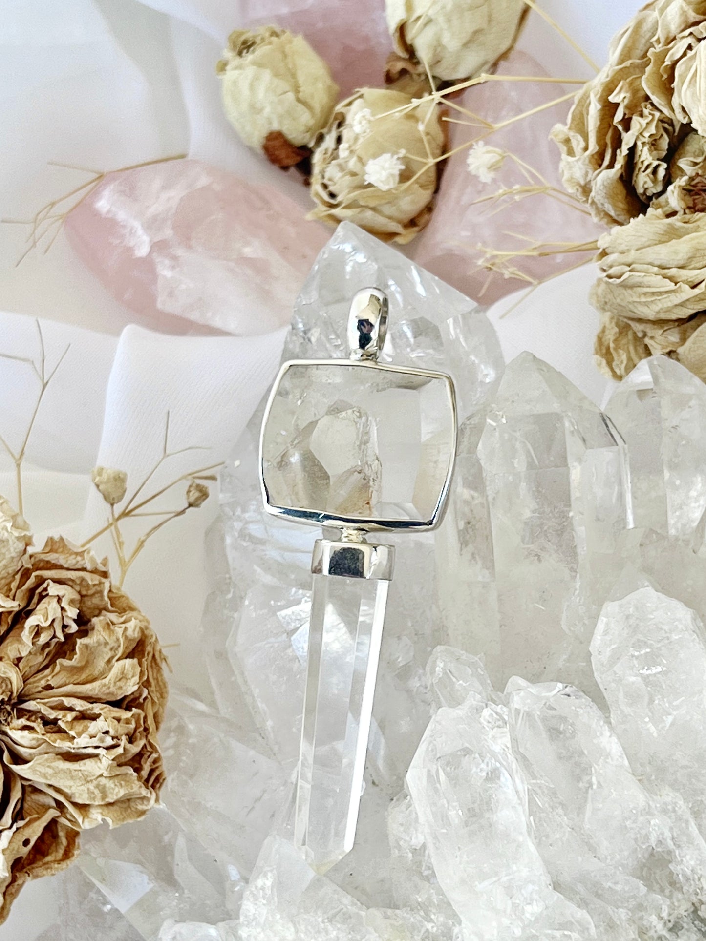 Rectangle Manifestation Quartz & Clear Quartz Point Pendent 209