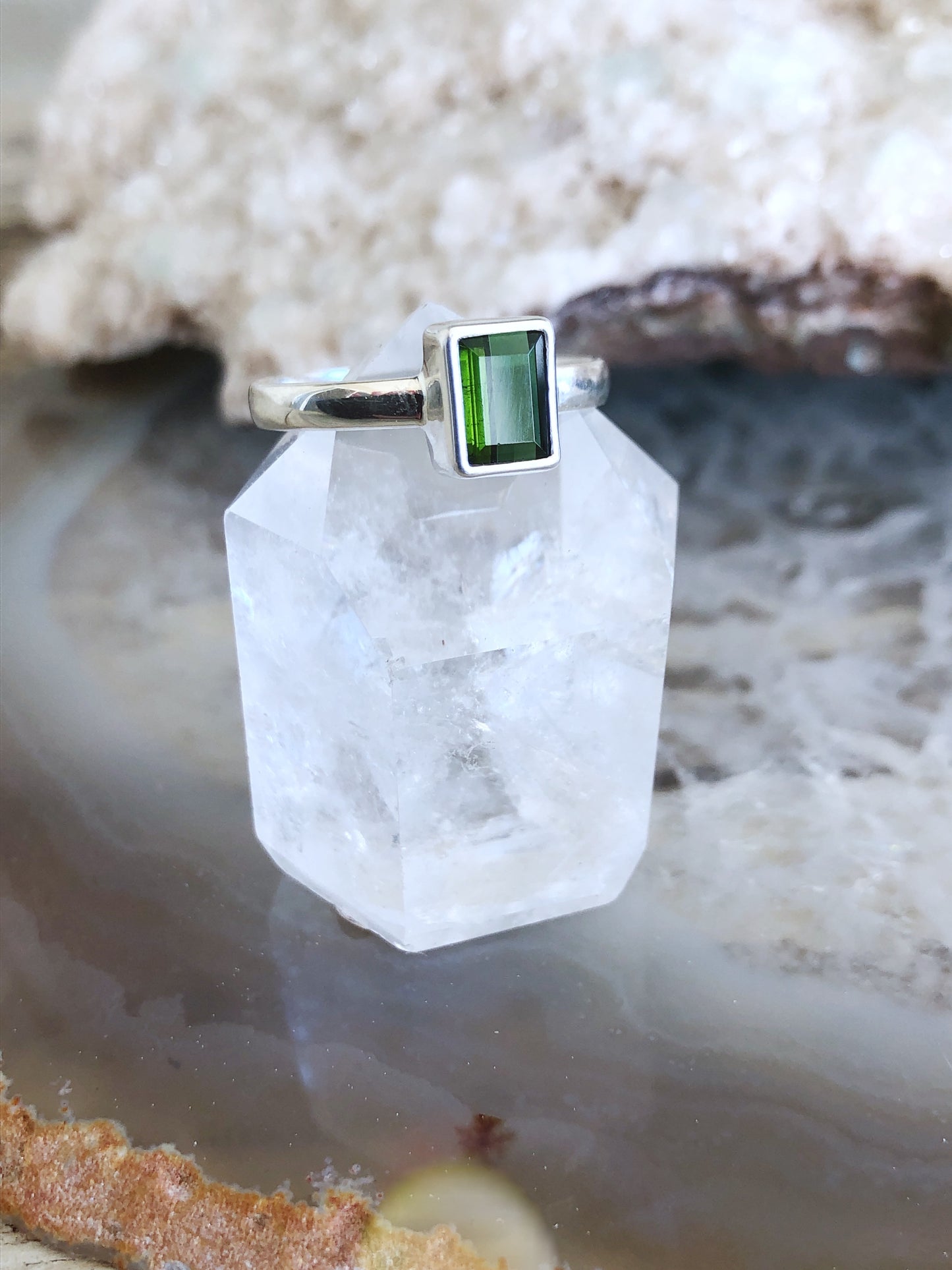 Natural Green Tourmaline Faceted Rectangle Sterling Silver Ring